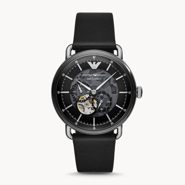 Emporio Armani Meccanico Skeleton Black Dial Black Leather Strap Watch For Men - AR60026 - Image 13